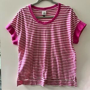 CAbi Pink and White Boxy T-Shirt with Cuffed Sleeves